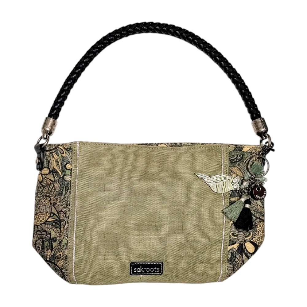 Sakroots Sage Green Canvas Leather Braided Strap Boho Shoulder Bag Handbag